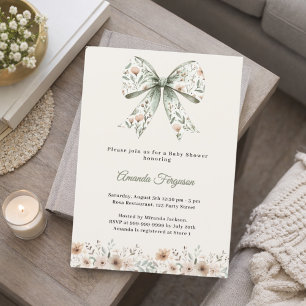 Invitación Ducha de bebé verano flores neutras lazo verde mar