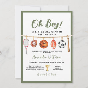 Invitación Ducha de bebé verde de deportes Oh Boy Baby Shower