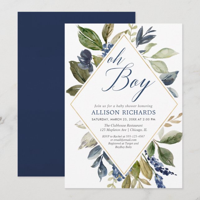 Invitación Ducha de bebé verde, follaje verde azul marino (Anverso / Reverso)