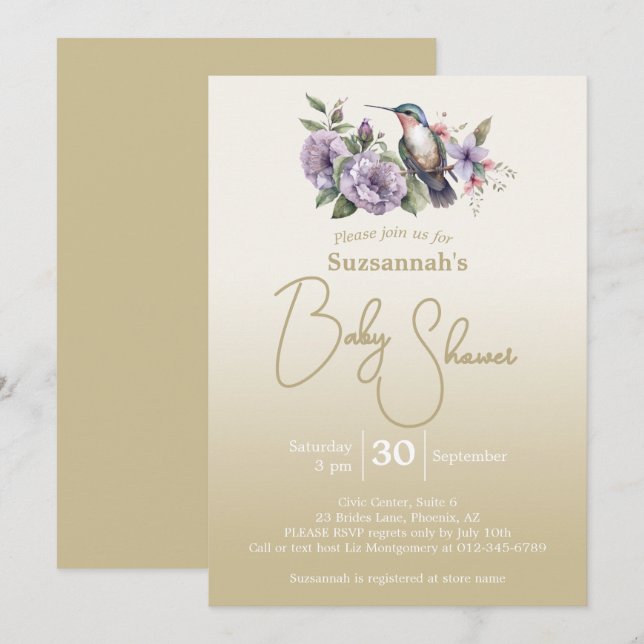 Invitación Ducha de bebé Verde Ombre Pastel Colibrí  (Anverso / Reverso)