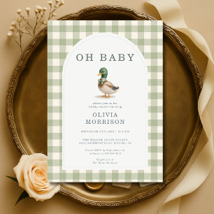 Invitación Ducha de bebé verde salvia con pato ánade real a c