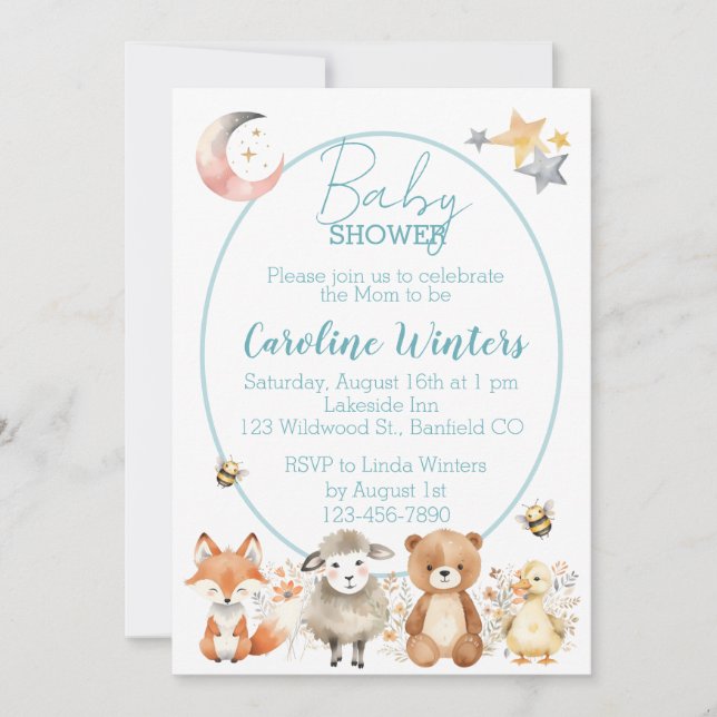 Invitación Ducha de Bebé Vida Silvestre del Bosque (Azul) (Anverso)