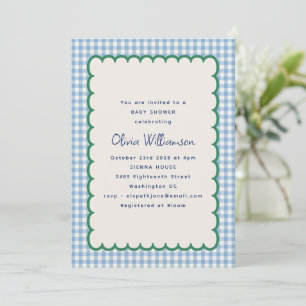 Invitación Ducha de bebé vintage azul cuadros verdes