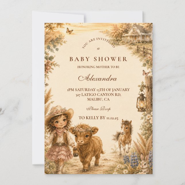 Invitación Ducha de Bebé Vintage Chica Western Boho (Anverso)