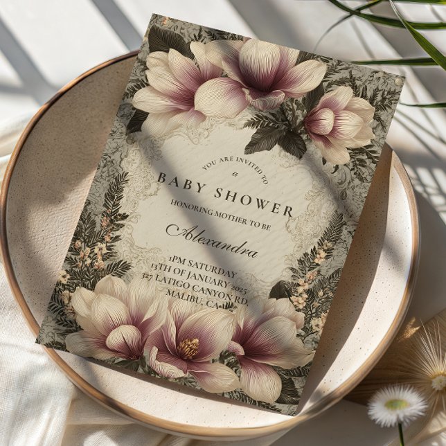 Invitación Ducha de bebé vintage de magnolia (Subido por el creador)