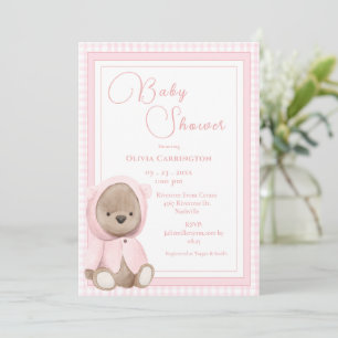 Invitación Ducha de bebé vintage de oso rosa a cuadros