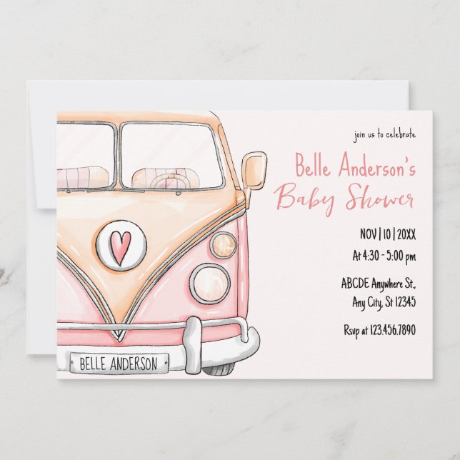 Invitación Ducha de bebé vintage en furgoneta rosa (Anverso)