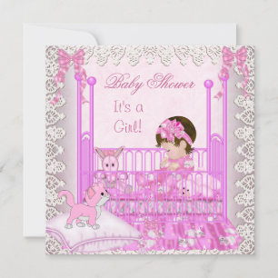 Invitación Ducha de bebé vintage niña encaje rosa gatito lind