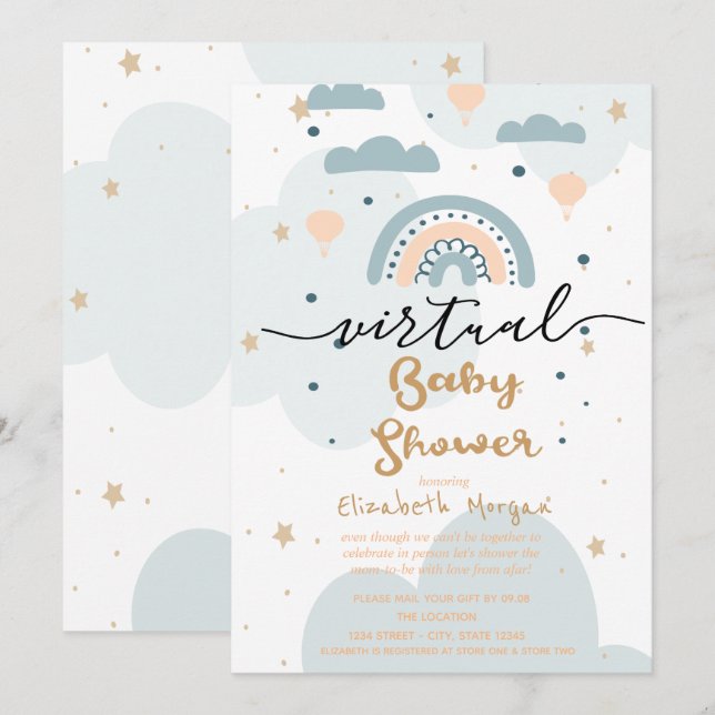Invitación Ducha de Bebé Virtual Arcoíris, Nubes y Estrellas (Anverso / Reverso)