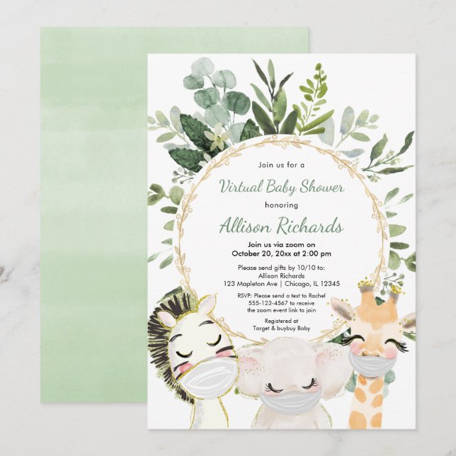 Invitación Ducha de bebé virtual tiernos animales verde oro (Anverso / Reverso)