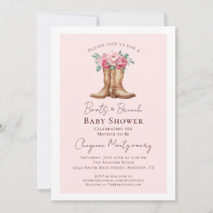 Invitación Ducha de Bebé Western Botas Florales Rosadas y Bru