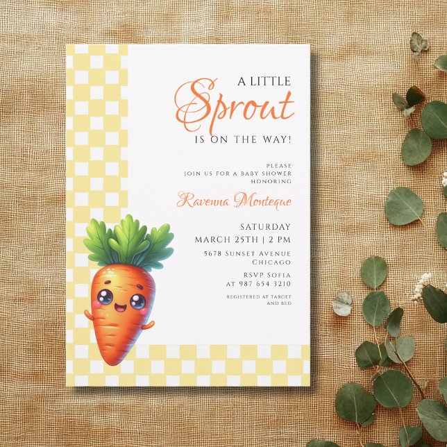 Invitación Ducha de bebé zanahoria de gingham amarillo pequeñ (Subido por el creador)
