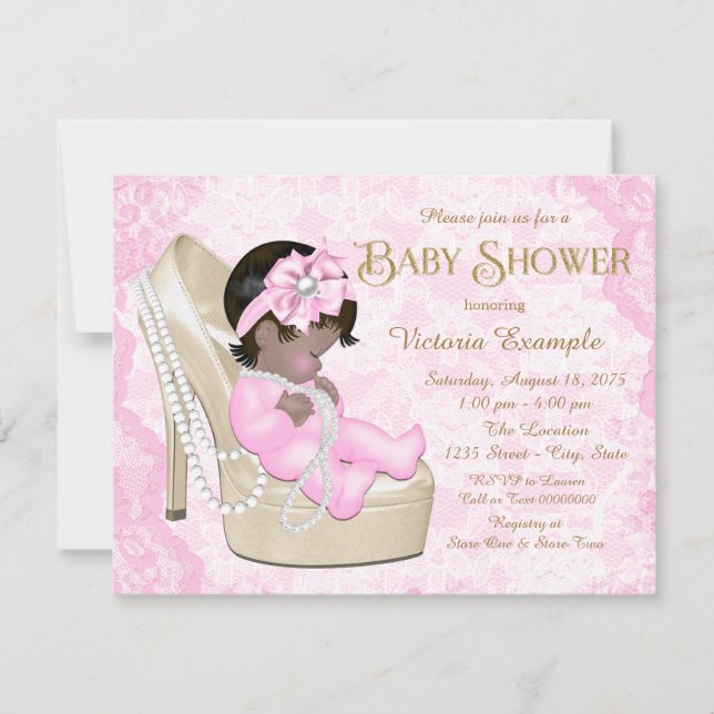 Invitación Ducha de bebé zapato de encaje perla rosa afroamer (Anverso)