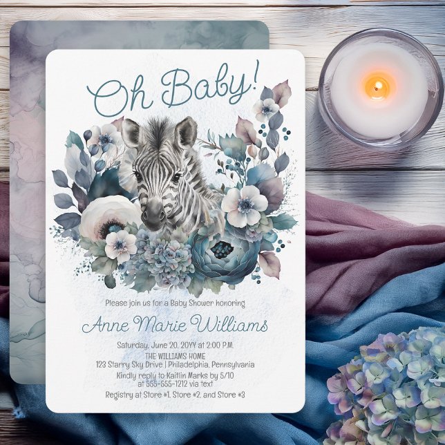 Invitación Ducha de Bebé Zebra Oh Baby Blue Floral (Zebra Oh Baby Blue Floral Baby Shower Invitation - Print | Digital Download)