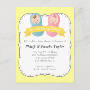 Invitación Ducha de Bebés Gemelos - Adorable Niño y Niña