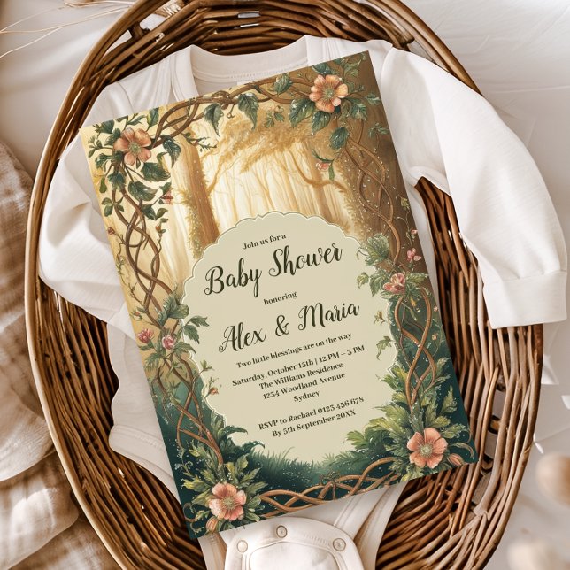 Invitación Ducha de Bebés Gemelos del Bosque Encantado (Subido por el creador)
