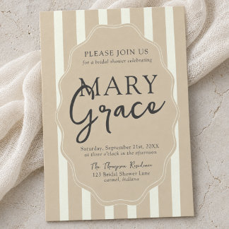 Invitación Ducha de beige rayado neutral vintage con borde es