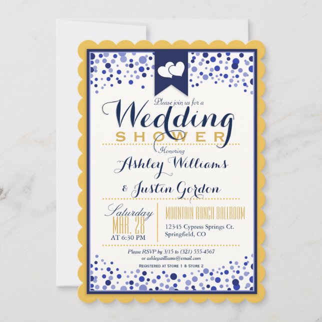 Invitación Ducha de Boda Azul Oro Amarillo, Blanco Y Marina (Anverso)