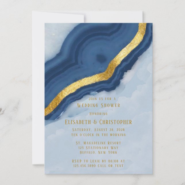 Invitación Ducha de boda azul y oro de la marina dura (Anverso)