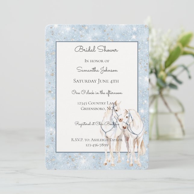 Invitación Ducha de Boda Caballos Blancos con Brillo Falso Az (Anverso de pie)