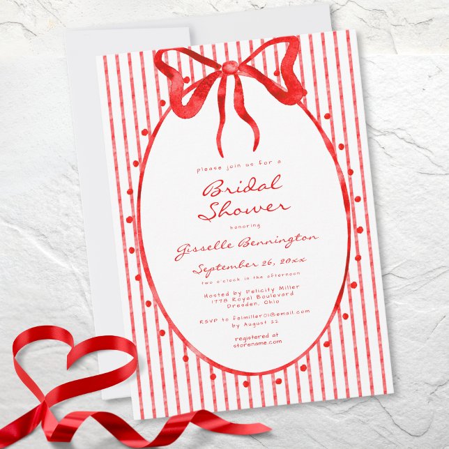 Invitación Ducha de Boda Caprichosa de Raya de Lazo de Acuare (Whimsical Red Watercolor Bow Stripe Bridal Shower Invitation)