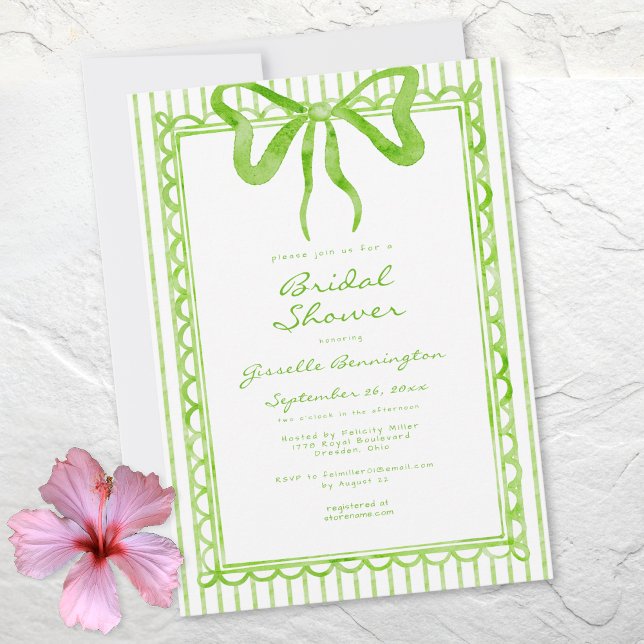 Invitación Ducha de boda caprichosa de rayas de arco de acuar (Whimsical Lime Watercolor Bow Stripe Bridal Shower Invitation)