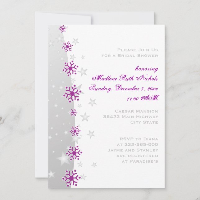 Invitación Ducha de boda con copo de nieve gris plateado púrp (Anverso)