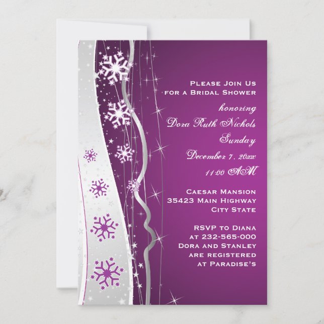 Invitación Ducha de boda con copo de nieve gris plateado púrp (Anverso)