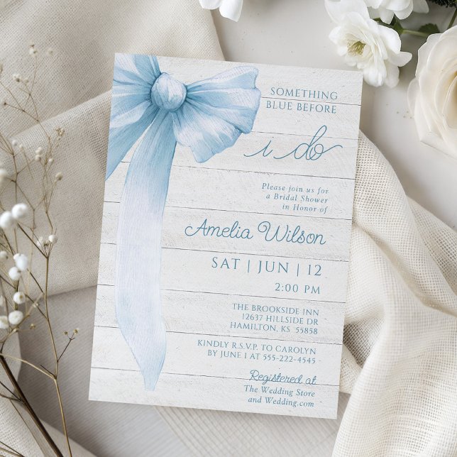 Invitación Ducha de Boda con Lazo Rústico Algo Azul (Rustic Bow Something Blue Bridal Shower Invitation)