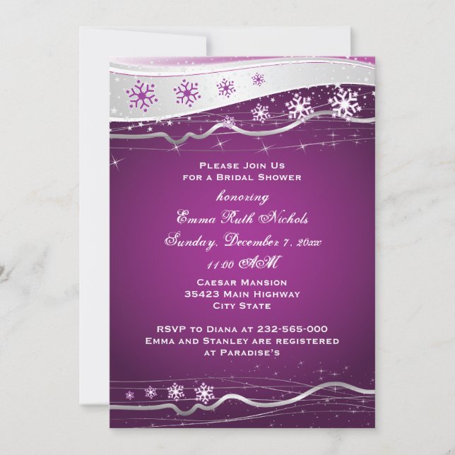 Invitación Ducha de boda de copo de nieve púrpura y gris (Anverso)