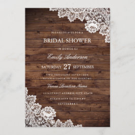 Invitación Ducha de Boda de Encaje de Madera Rústica Vintage