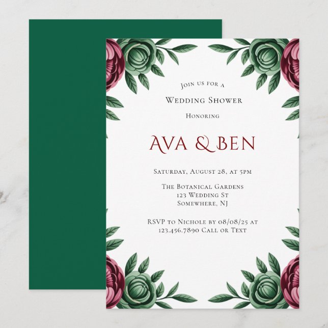 Invitación Ducha de Boda de Invierno de Borgoña y Peonía Esme (Anverso / Reverso)