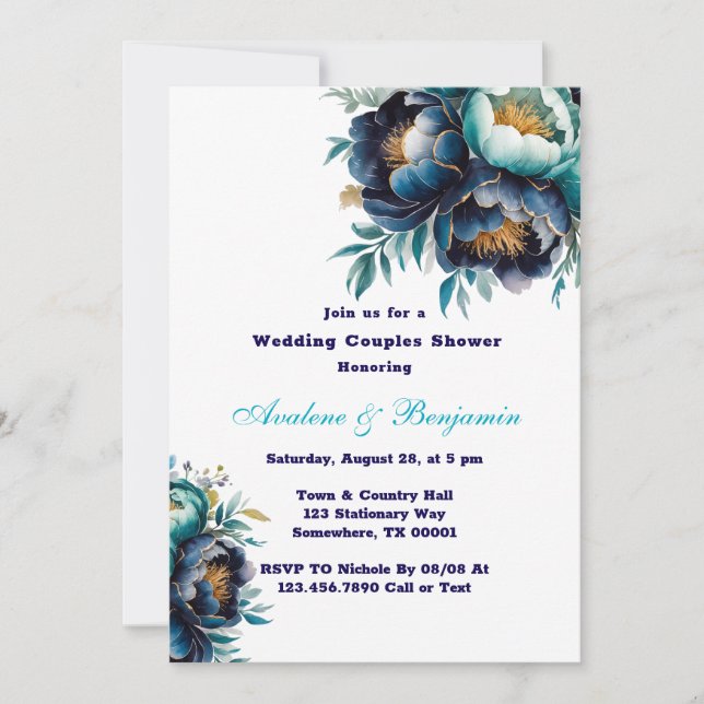 Invitación Ducha de Boda de la Marina Azul Peony y la Marina  (Anverso)