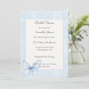 Invitación Ducha de Boda de Mariposa Azul Bebé en Lino Falso