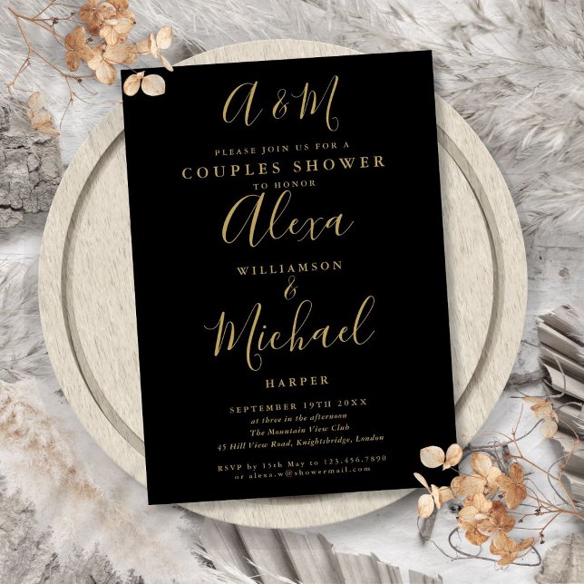 Invitación Ducha de Boda de Monograma Dorado y Negro para Par (Black And Gold Monogram Couples Wedding Shower Invitation)