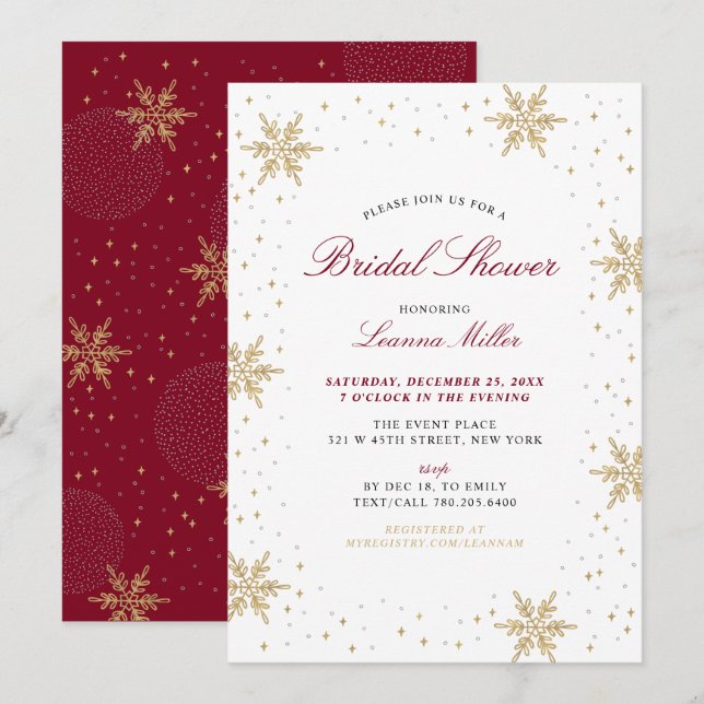 Invitación Ducha de boda de Navidad de invierno dorada y roja (Anverso / Reverso)