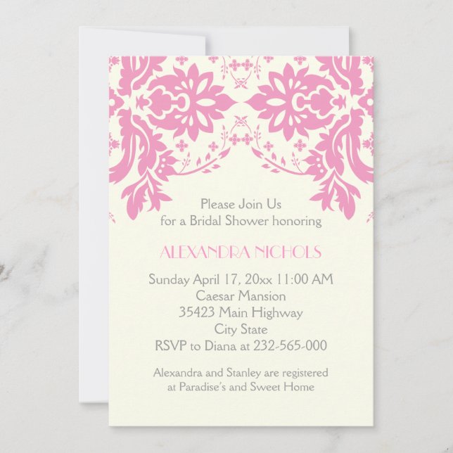 Invitación Ducha de boda de novia adamascada rosa, gris, marf (Anverso)