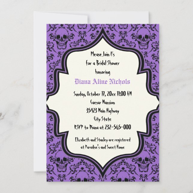 Invitación Ducha de boda de novias Skulls damask Halloween (Anverso)