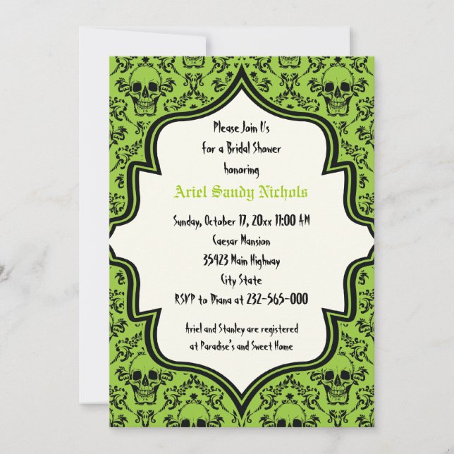 Invitación Ducha de boda de novias Skulls damask Halloween (Anverso)
