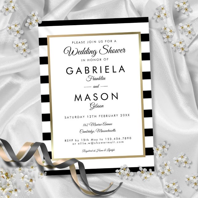 Invitación Ducha De Boda De Oro Clásica De Banda Negra Y Blan (Classic Black And White Stripe Gold Wedding Shower Invitation)
