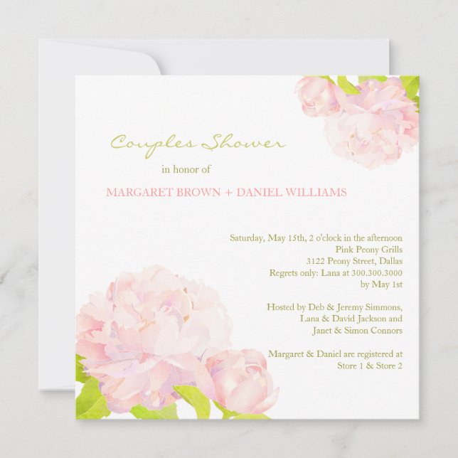 Invitación Ducha de Boda de peones rosados de primavera (Anverso)