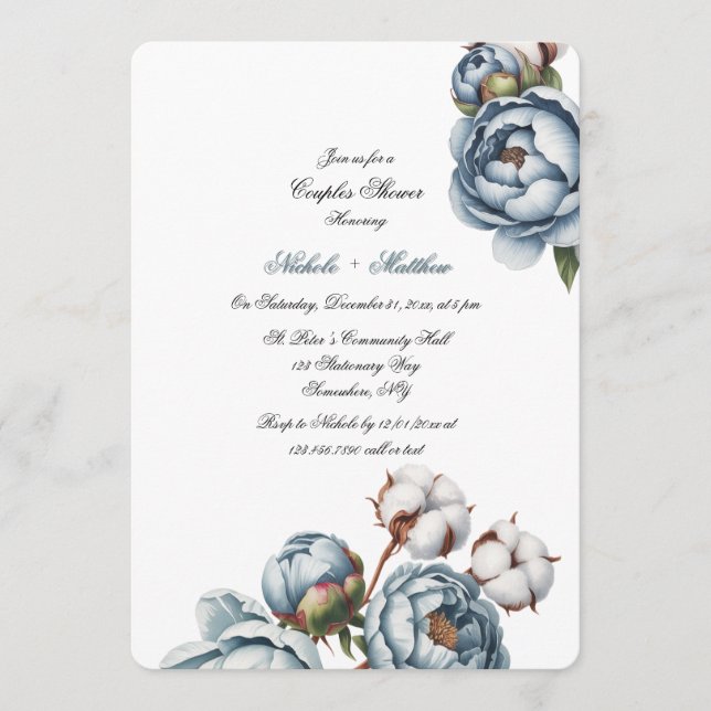 Invitación Ducha de Boda de Peonía Azul Polvoriento y Algodón (Anverso)