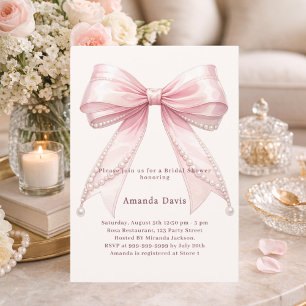 Invitación Ducha de boda elegante perlas marfil lazo rosa