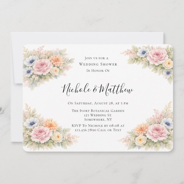 Invitación Ducha de Boda Floral Acuarela Suave (Anverso)
