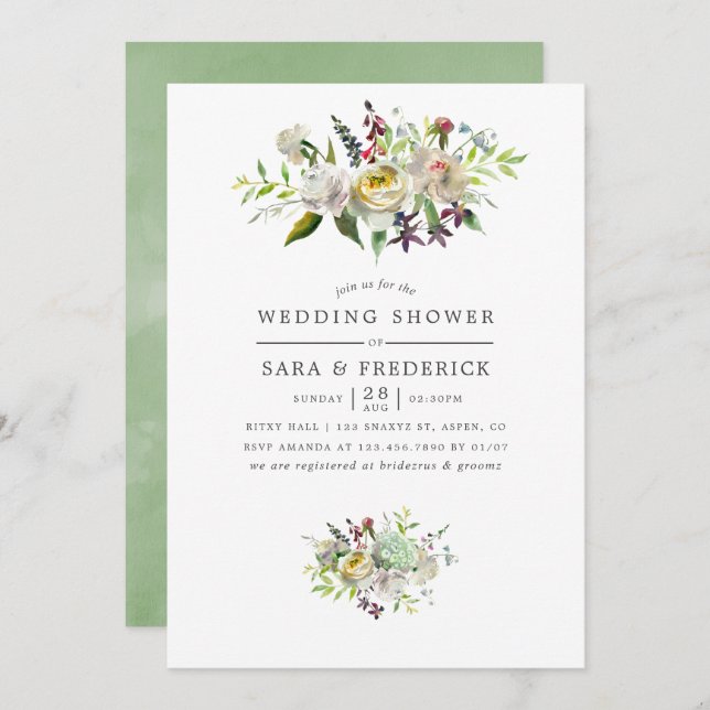 Invitación Ducha de boda floral acuarela verde y blanco (Anverso / Reverso)