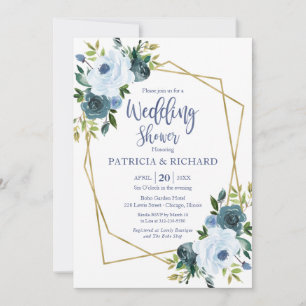 Invitación Ducha de Boda Floral Azul Polvoriento Geométrico D