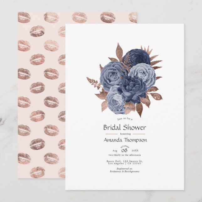 Invitación Ducha de boda floral azul polvoriento y dorado ros (Anverso / Reverso)