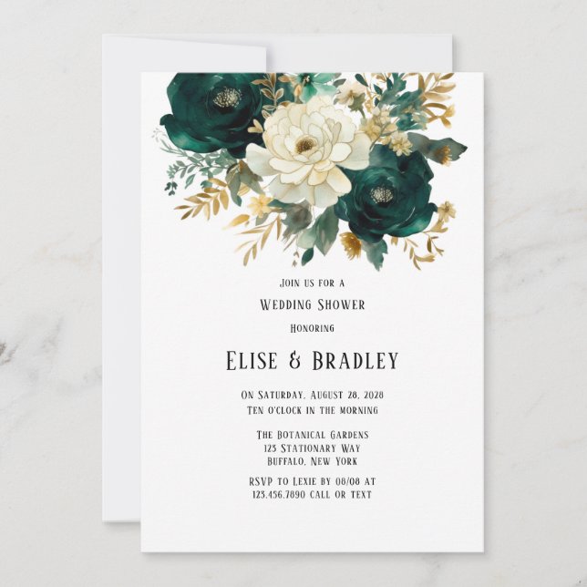 Invitación Ducha de Boda Floral Botánica de Oro Verde (Anverso)