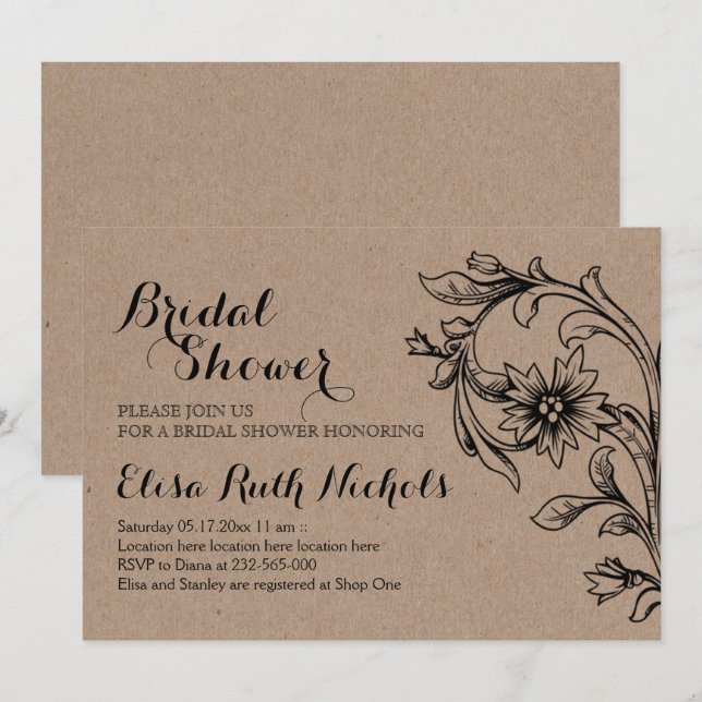Invitación Ducha de boda floral de cartón Kraft (Anverso / Reverso)