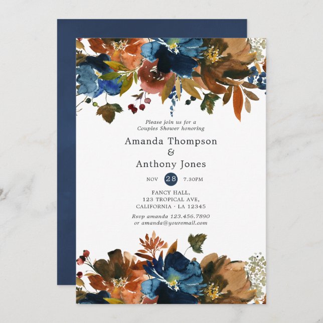 Invitación Ducha de Boda floral de jengibre y marina (Anverso / Reverso)